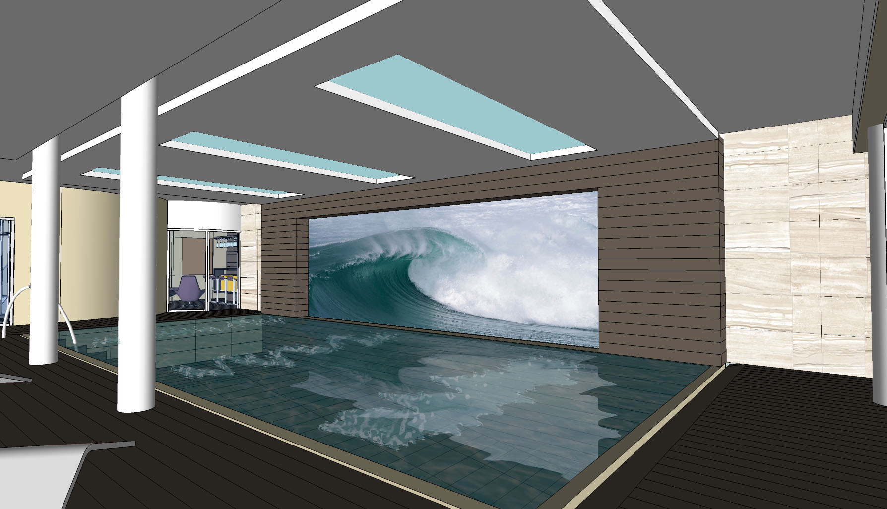 Residential Fitout_5star Villa Surrey-pool view feature wall WAVE